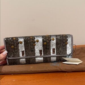 Santi Beaded Clutch with Silver and Brown Accents